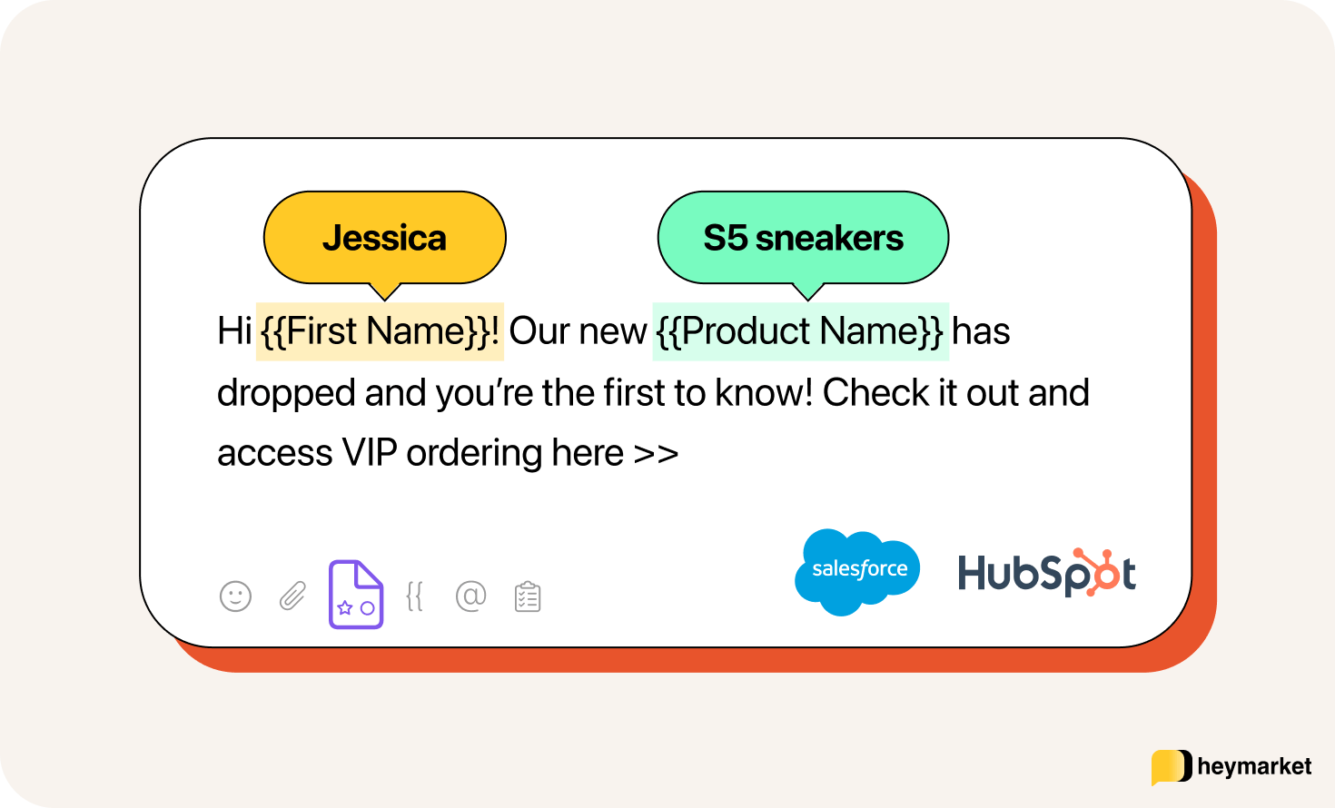 Graphic of a personalized text message with custom fields.