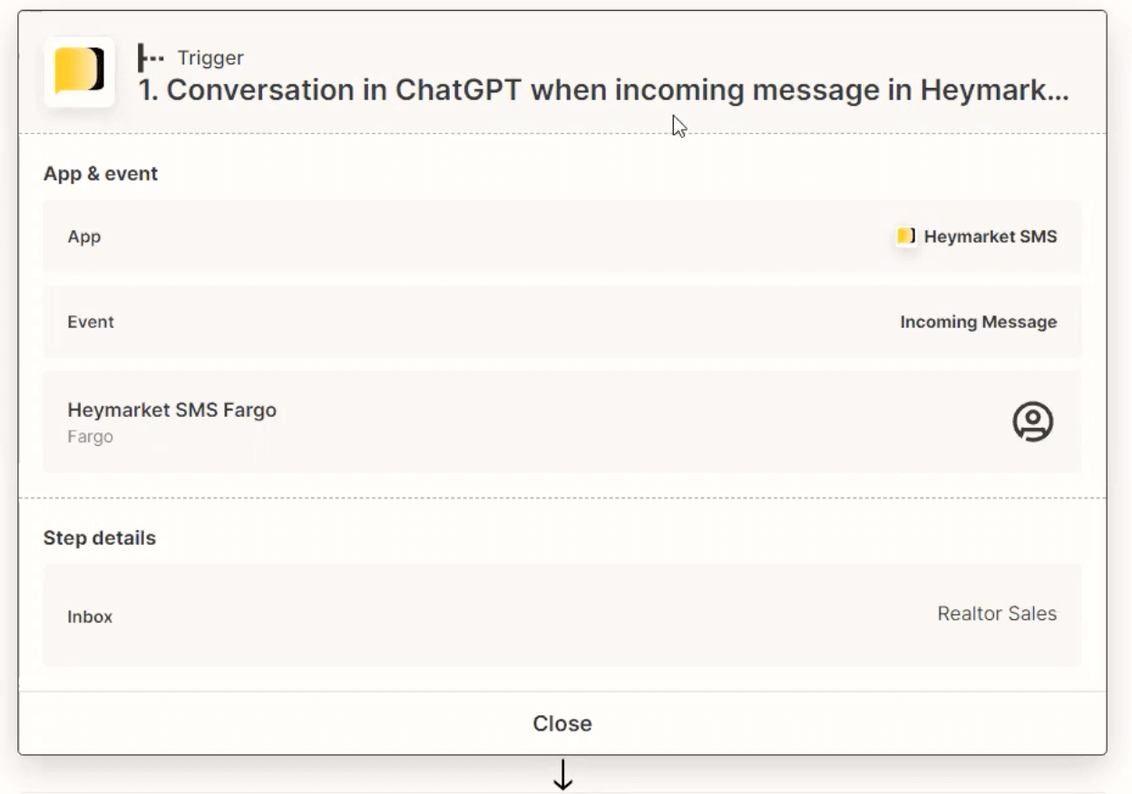 Screenshot of a Zapier automation linking texting with ChatGPT.