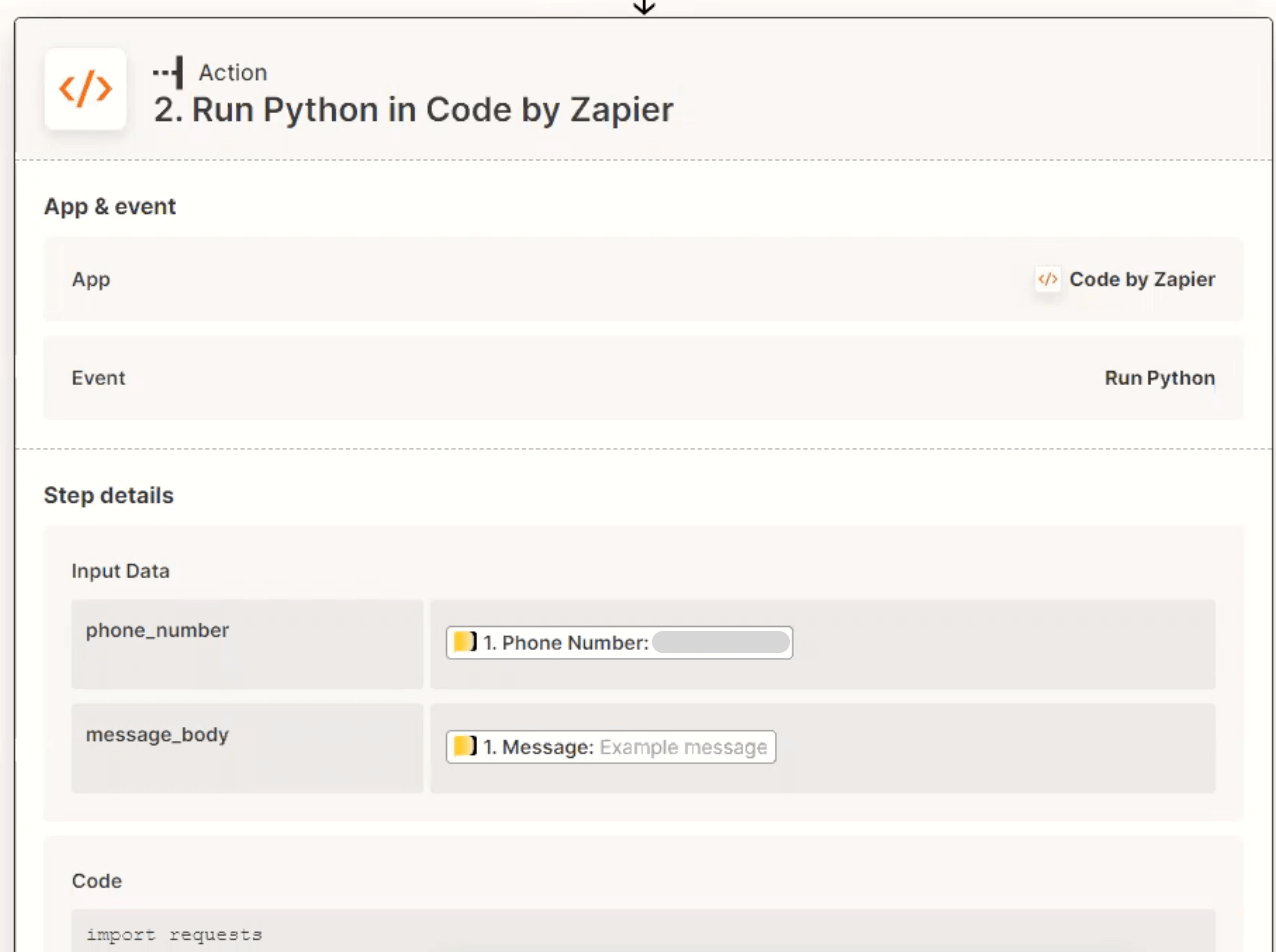 Screenshot of using Python code to connect Heymarket SMS and ChatGPT.