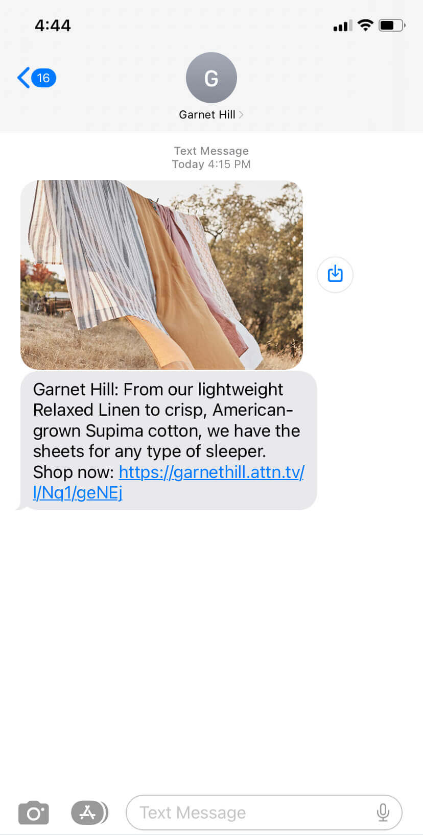 Text message from Garnet Hill