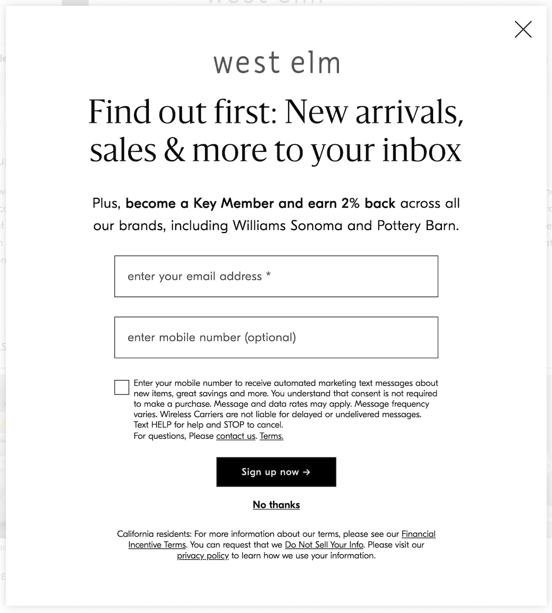 Text example from West Elm