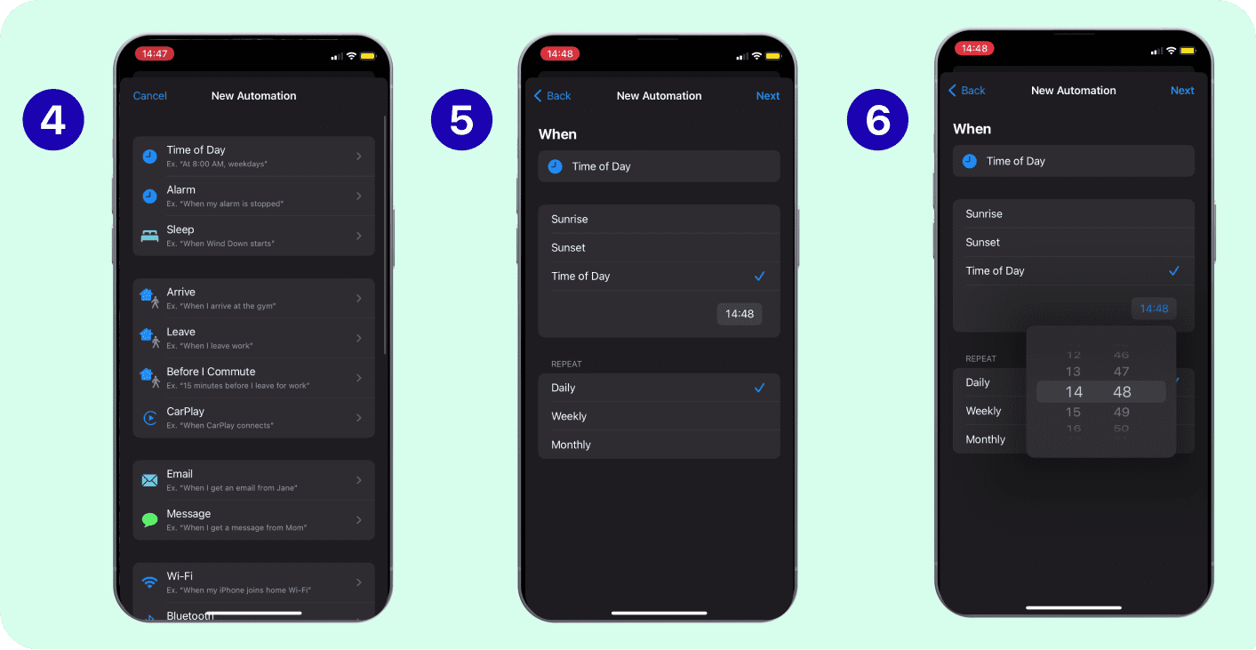 Setting an automation time of day on iPhone.