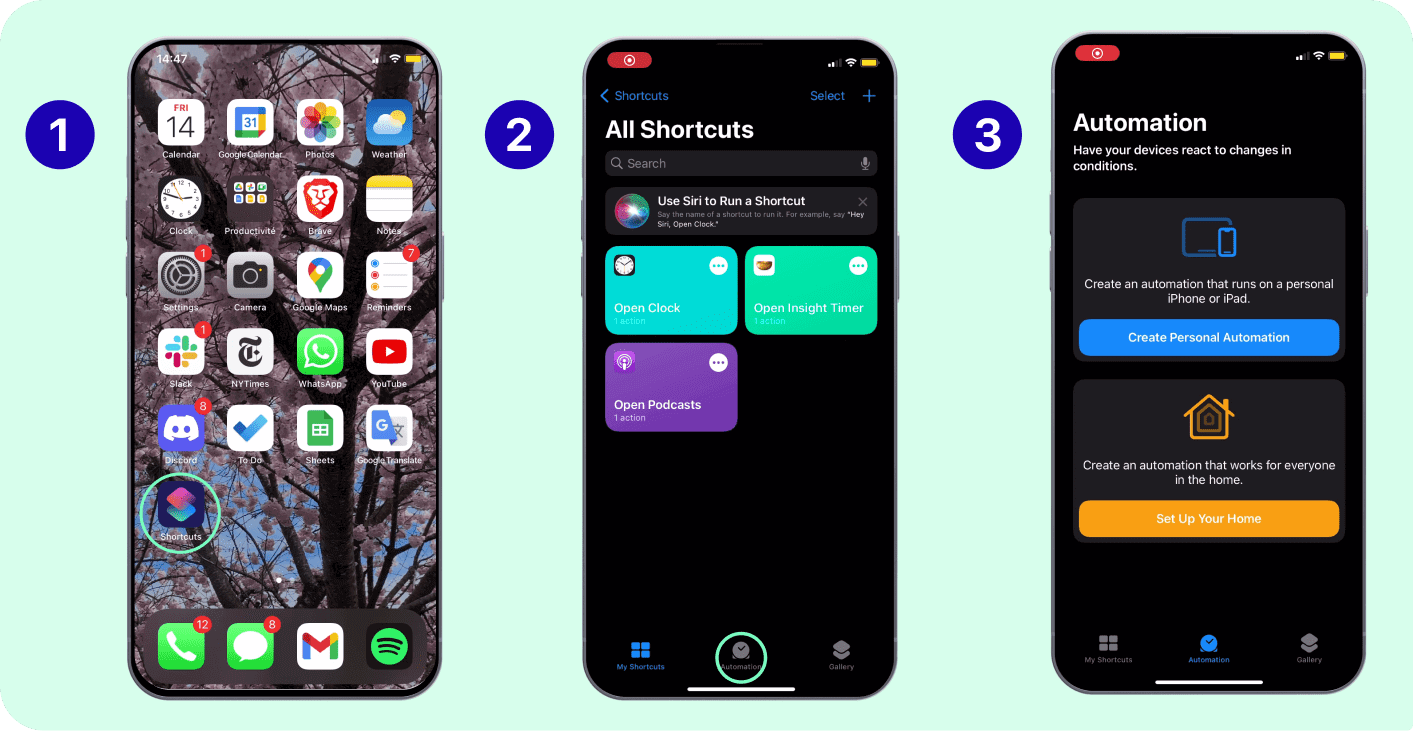 Steps for creating an automation using the Shortcuts app on iPhone.