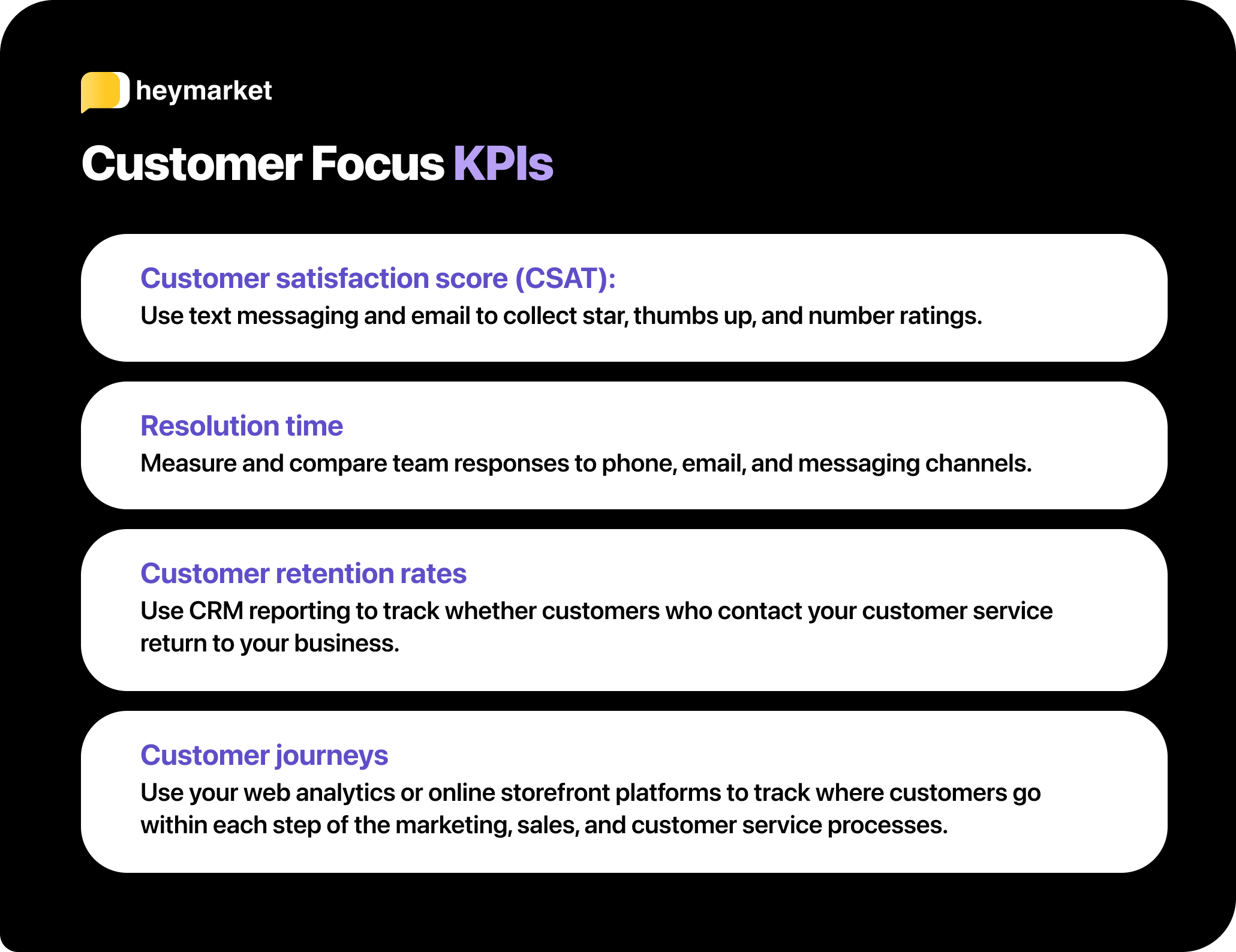 List of KPIs for customer focus: CSAT score, resolution time, customer retention rates, and customer journeys.