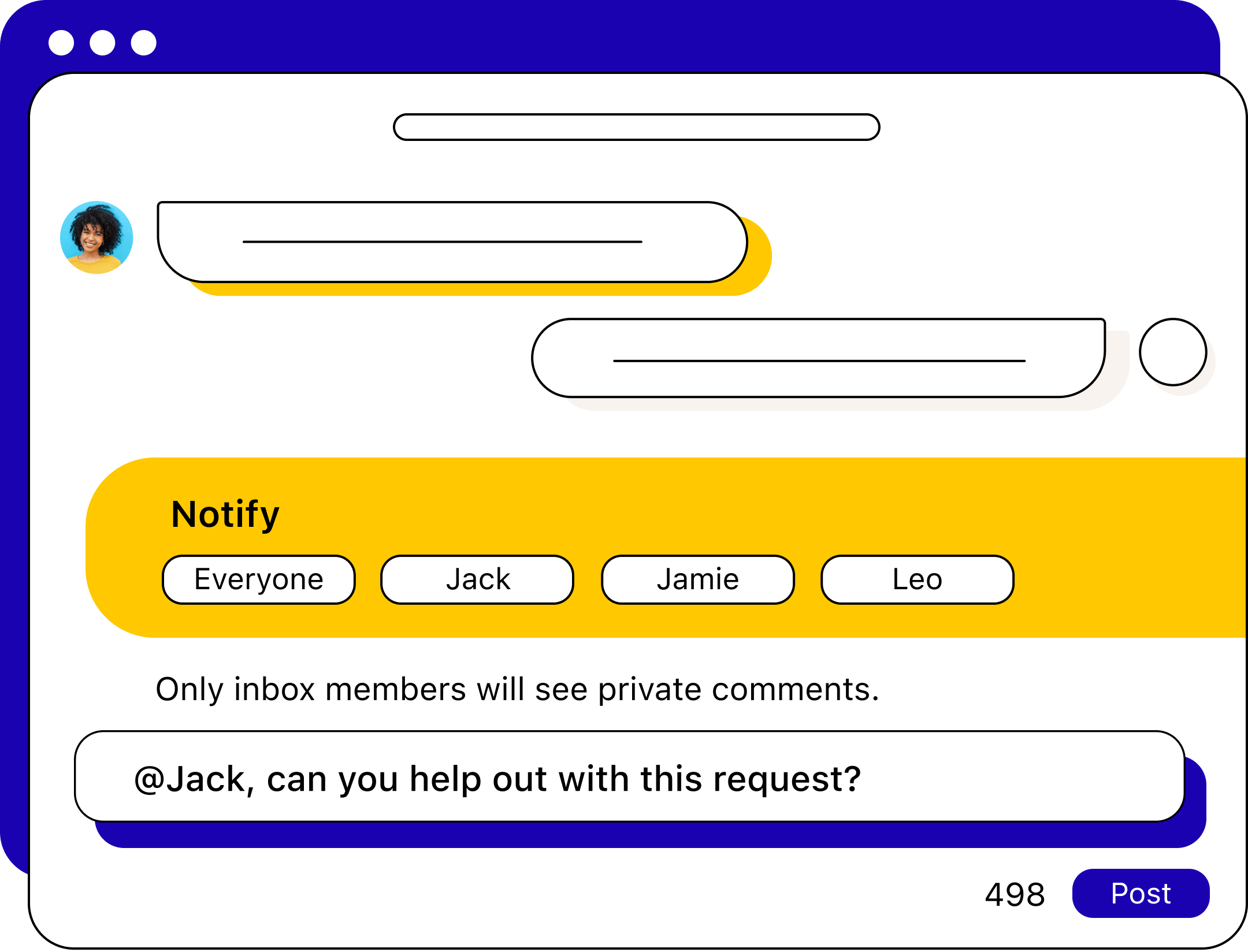 A chat screen with a yellow private comments section at the bottom populated with the message “@Jack, can you help out with this request?