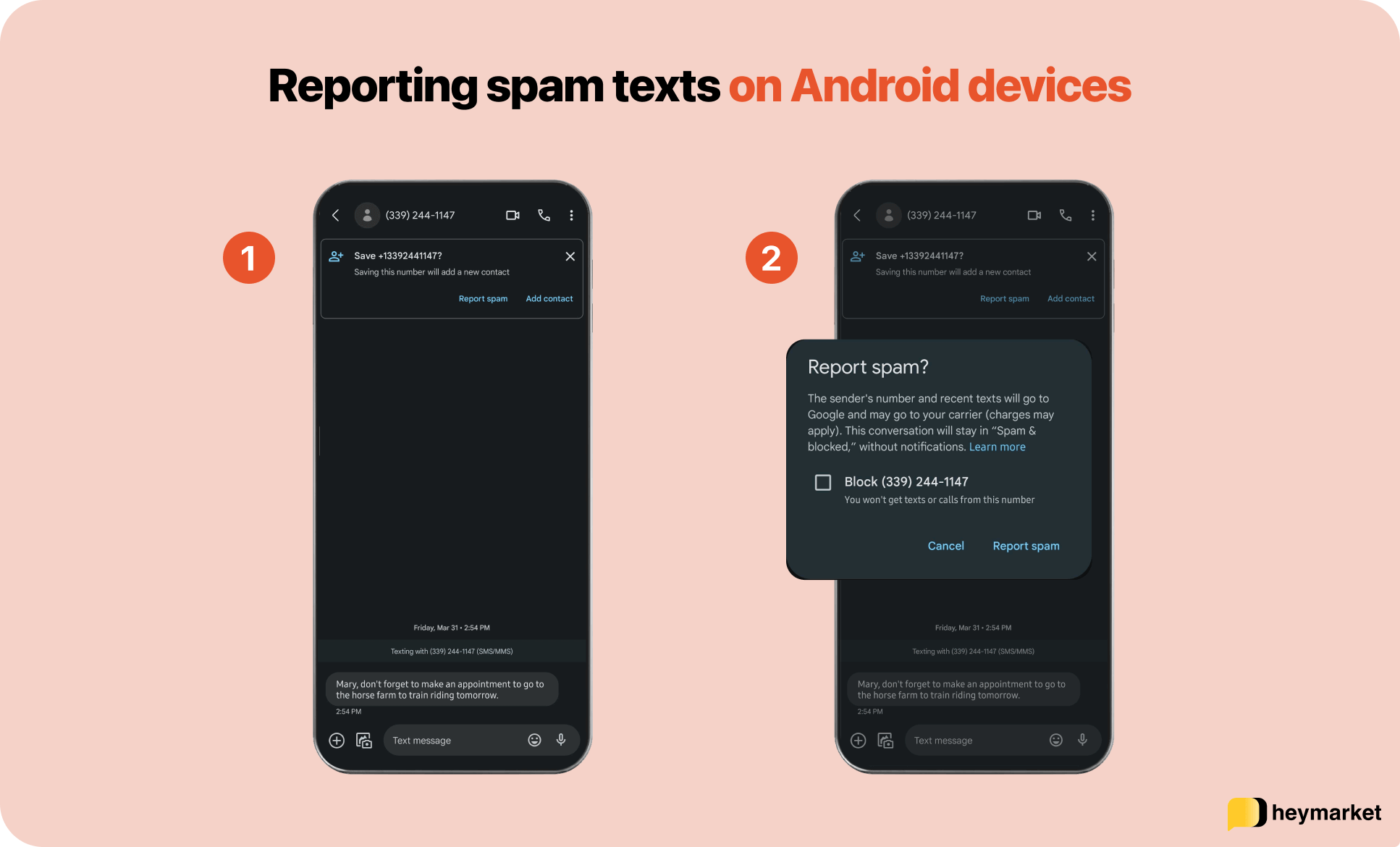 Steps for reporting spam texts on Android