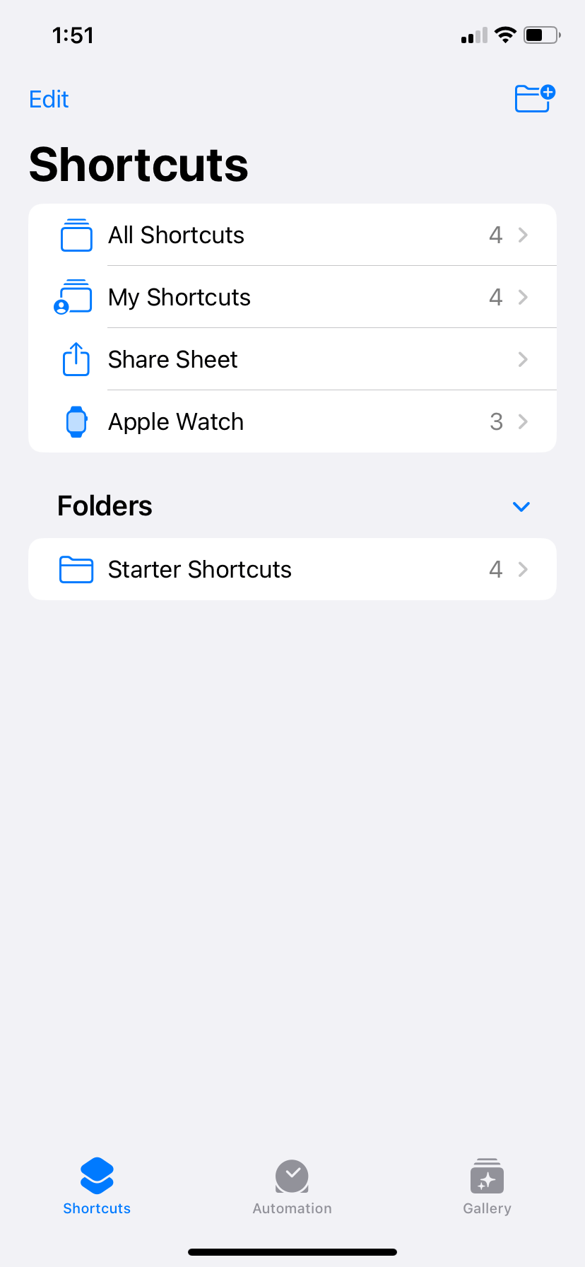 A Shortcuts app menu. At the bottom, three horizontal icons indicate pages for "Shortcuts," Automation," and "Gallery."