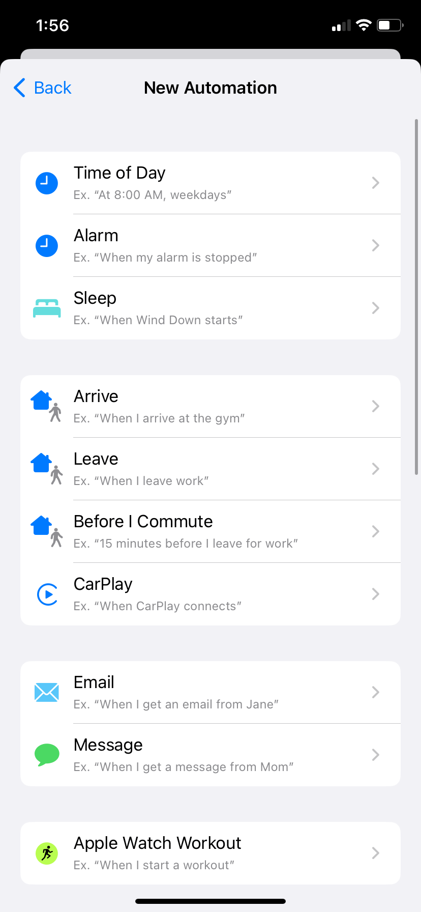 A “New Automation” menu listing ten trigger options including “Time of Day,” “Alarm,” and “Sleep.”