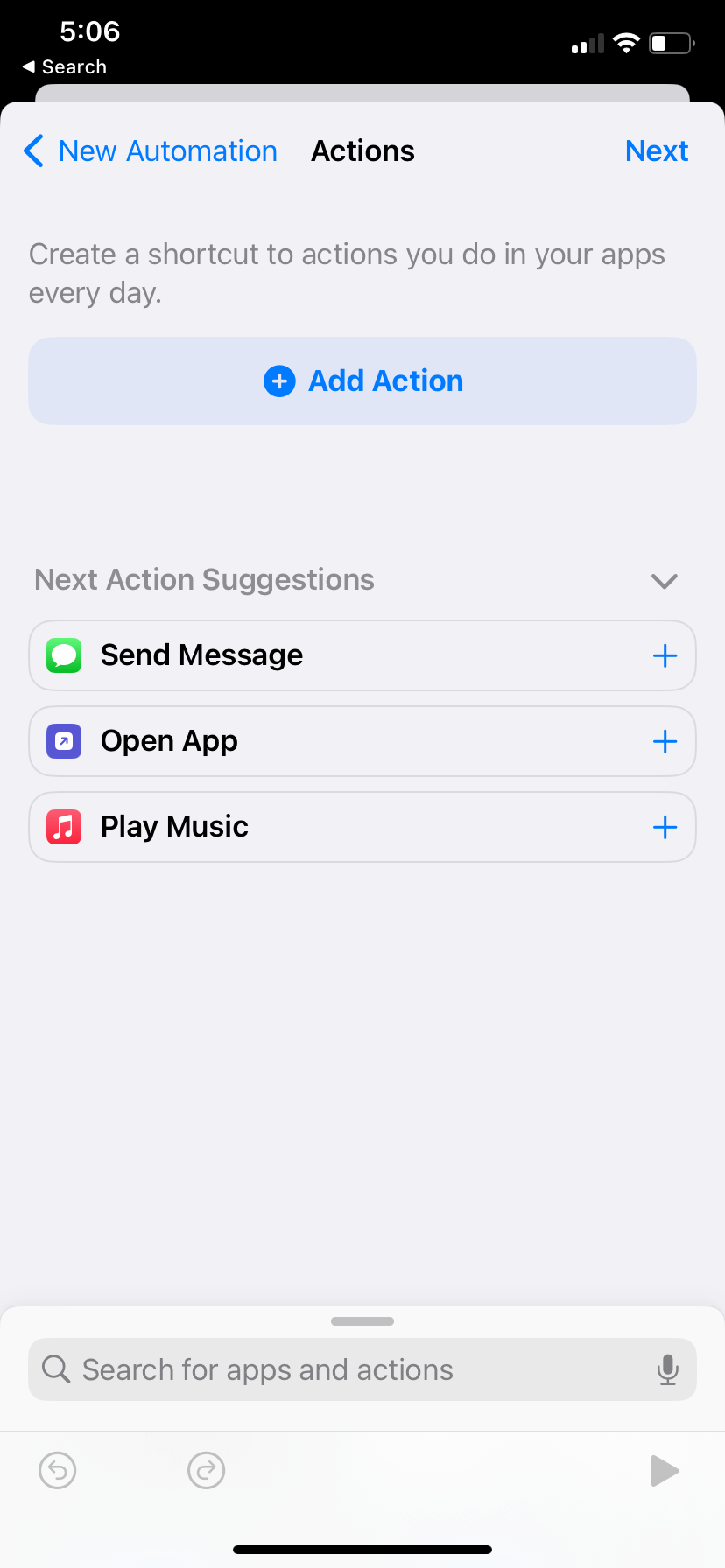 An “Actions” menu. A button up top says “Add Action.” Below is a list of “Next Action Suggestions,” including “Send Message.” 