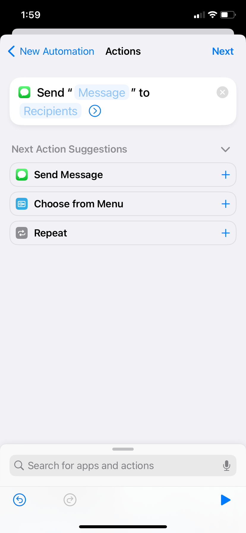An “Actions” menu. A bubble up top says “Send [Message] to [Recipients].” The “Message” and “Recipients” fields are empty.