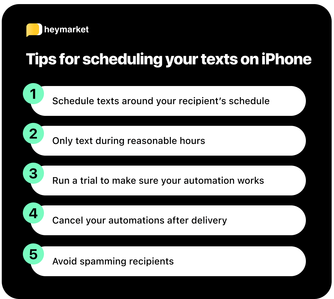 List of tips for scheduling a text on iPhone.