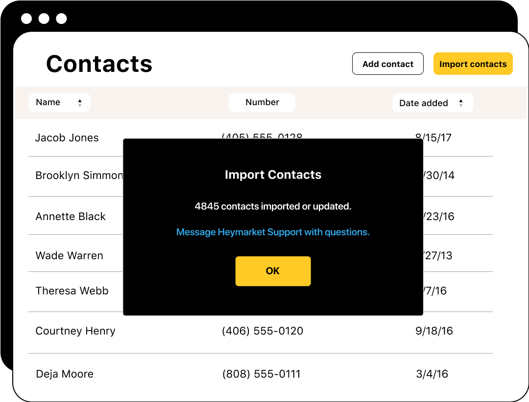 Screen with list of contacts and opened dialog box with content 
