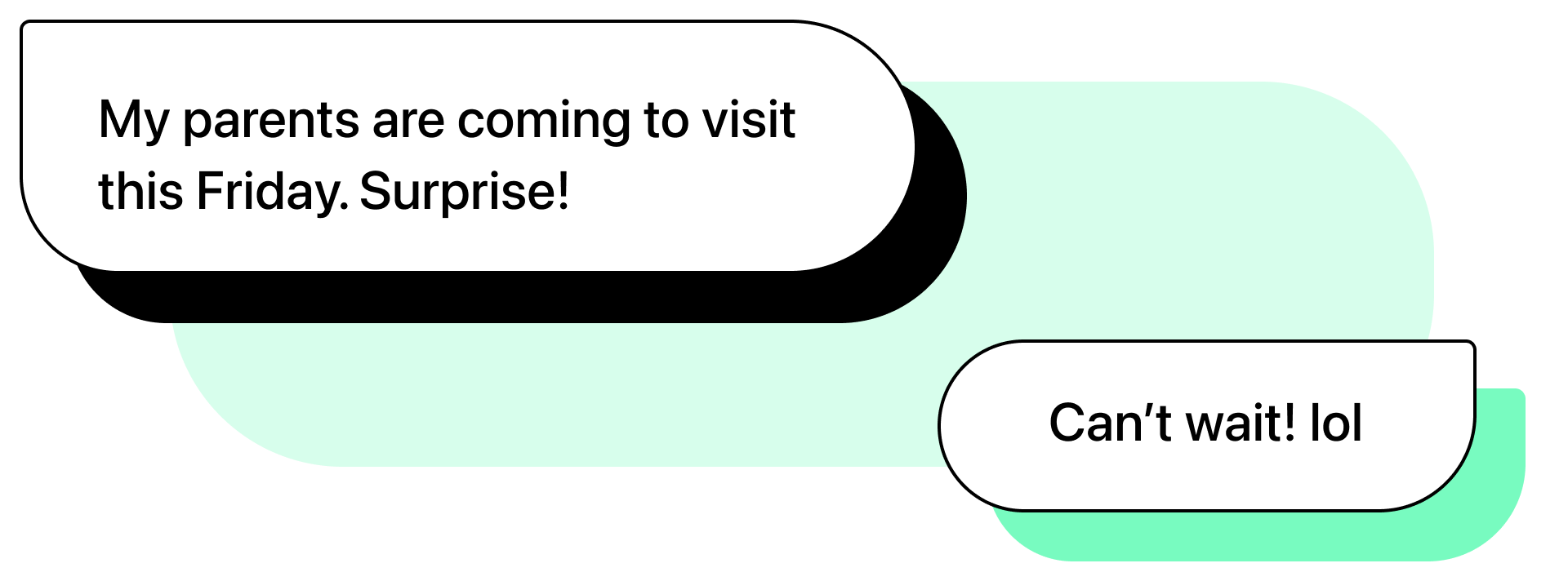 Two chat bubbles graphics. First message: "My parents are coming to visit this Friday. Surprise!". Second message: "Can't wait! lol"