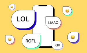 Cell phone illustration with texts saying LOL, ROFL, LMAO, and lolll