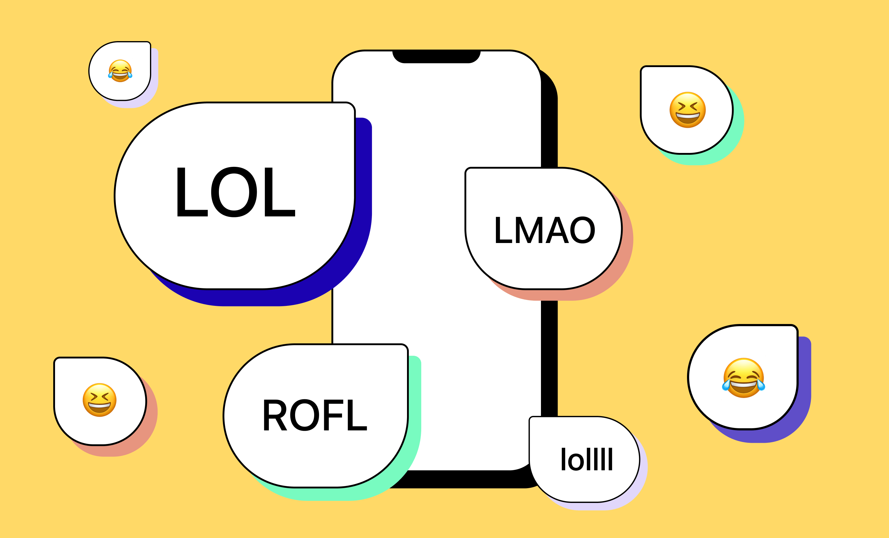 Cell phone illustration with texts saying LOL, ROFL, LMAO, and lolll
