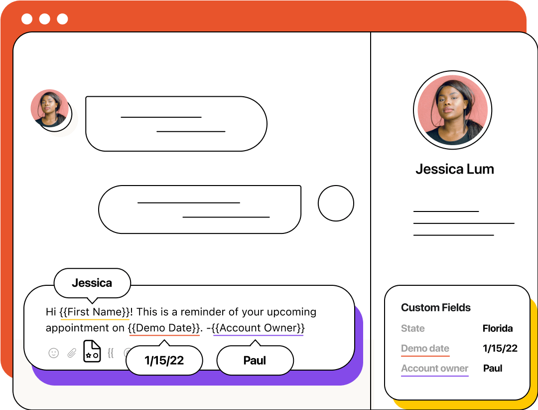 An SMS template with merge tokens. It reads “Hi First Name! This is a reminder of your upcoming appointment on Demo Date. Signed by Account Owner.”
