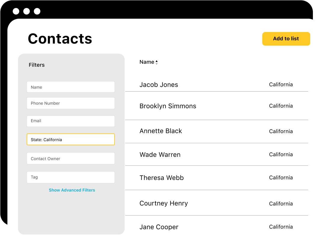 Contacts list with filter pane on the left