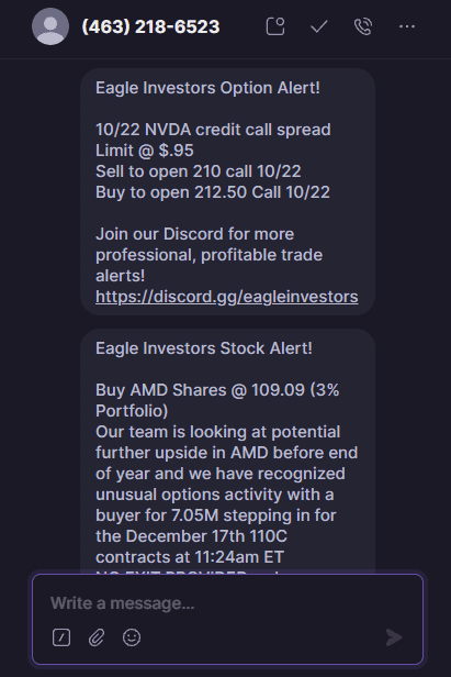 Screenshot of two Eagle Investor texts listing new stock alerts.