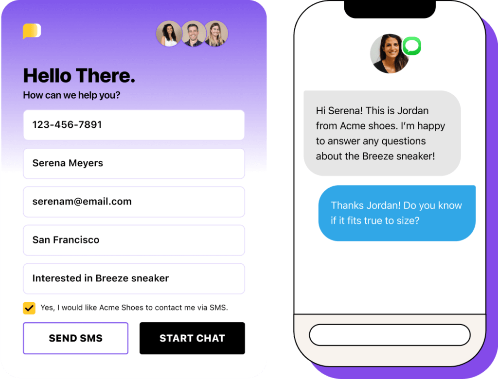 Web chat to SMS from Heymarket