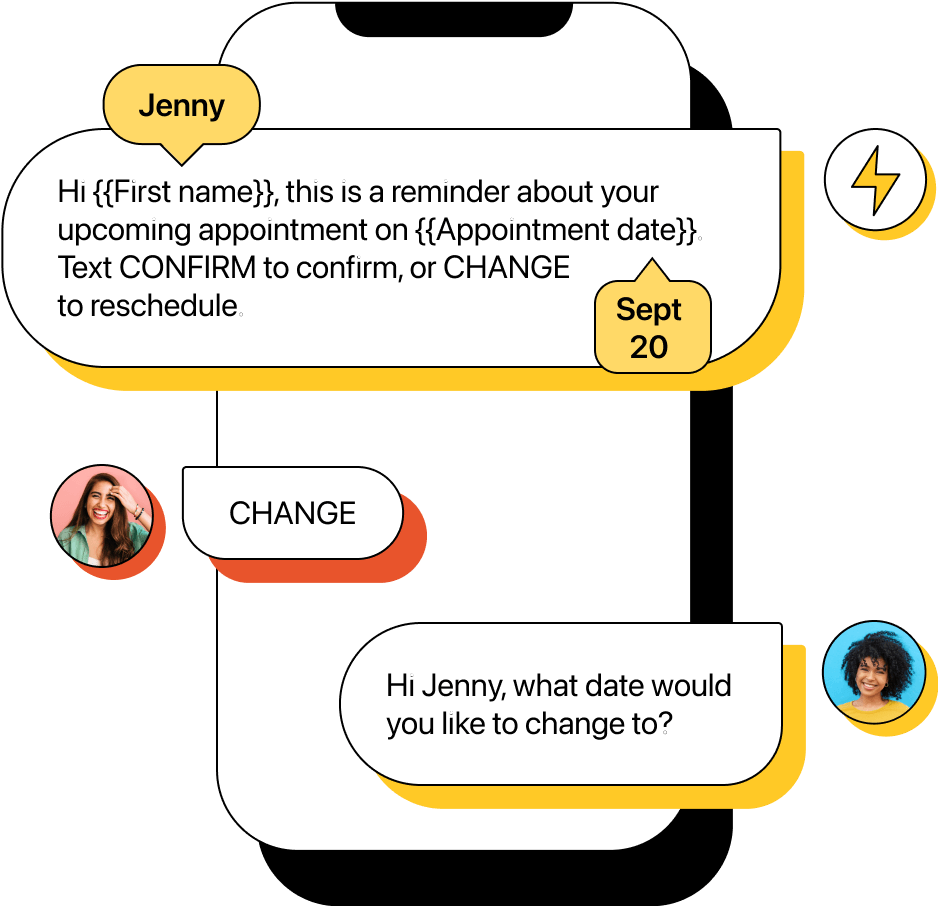 Chat illustration about upcoming appointment reminder with ability to confirm or change, followed with CHANGE reply.