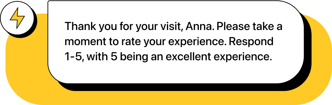 Chat bubble illustration with message sent to Ana to rate experience.