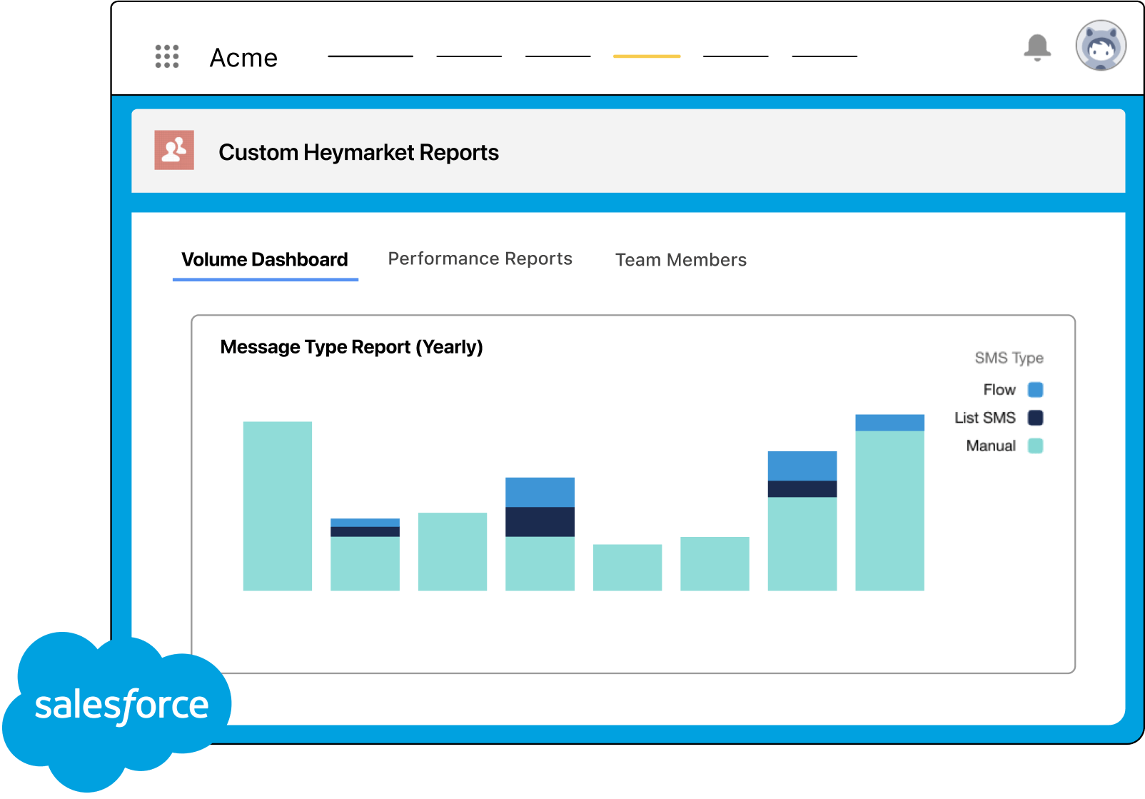 Visual of a text messaging report in Salesforce.