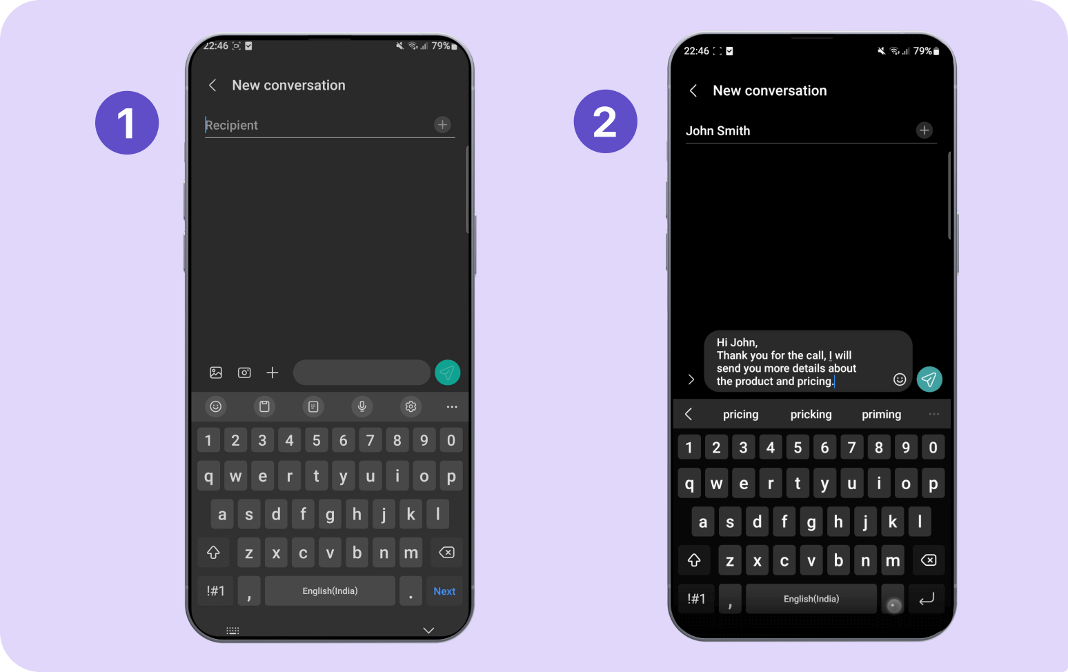 Screenshot showing how to schedule a text on Samsung: write your message.