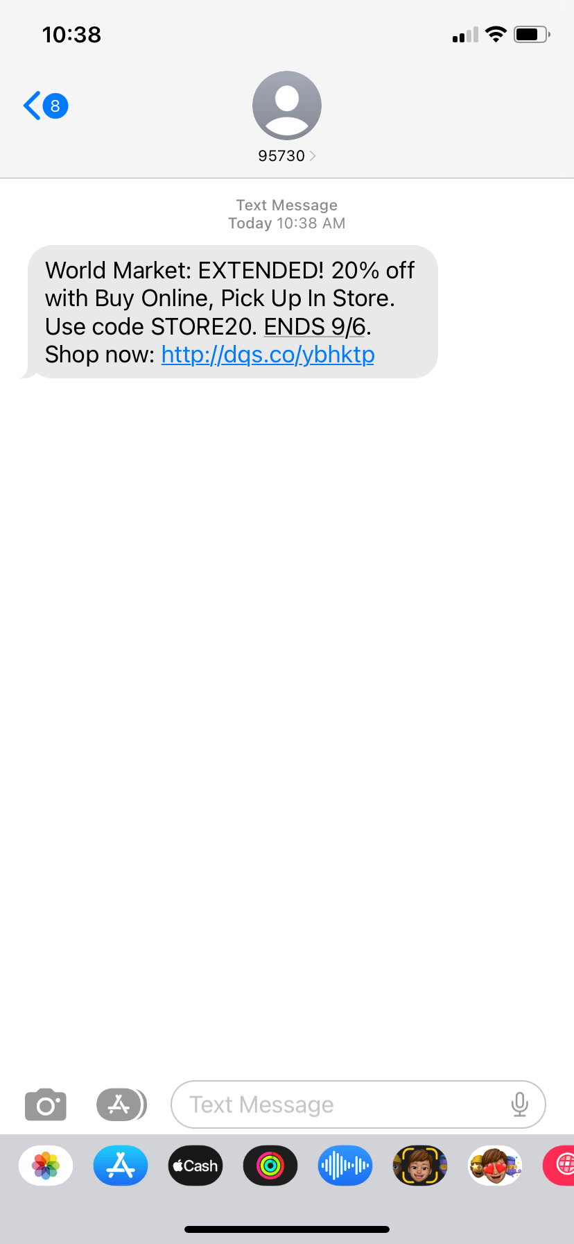 Screenshot of a World Market text that reads “EXTENDED! 20% off with Buy Online, Pick Up In Store. Use code STORE20. ENDS 9/6. Shop now: http://dgs.co/ybhktp”