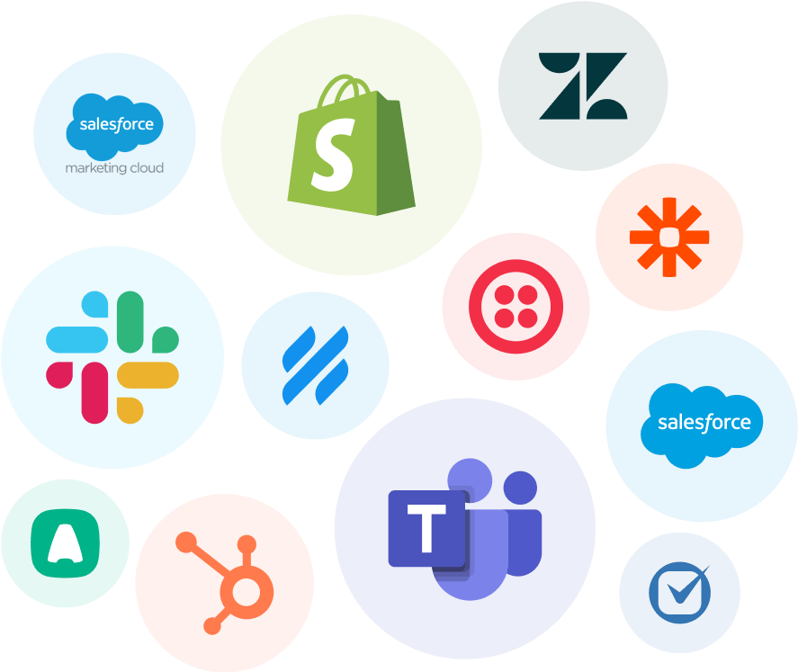 Logos in circles in order: Salesforce marketing cloud, Shopfiy, Zendesk, Slack, Twilio, Zappier, Aircall, HubSpot, Microsoft teams, Salesforce, Clio