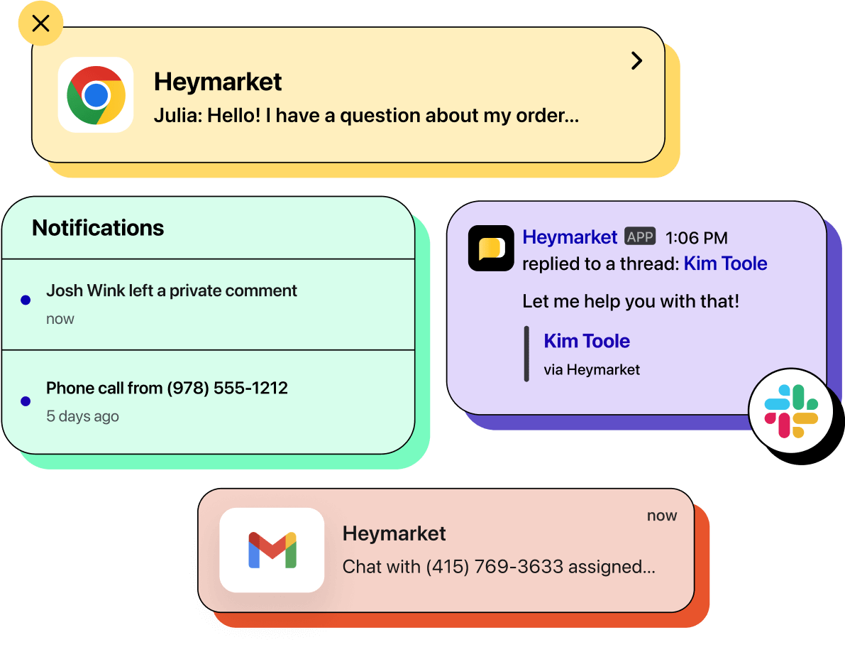 4 illustrations of notifications with colored background from various sources (Chrome, Slack, Gmail and Heymarket)