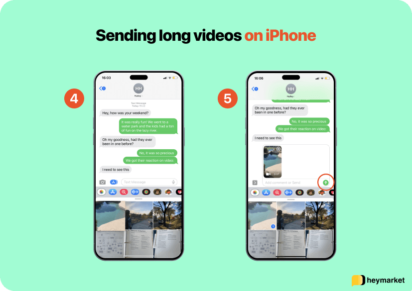 Steps for sending a long video on iPhone: Selecting a video and sending it.