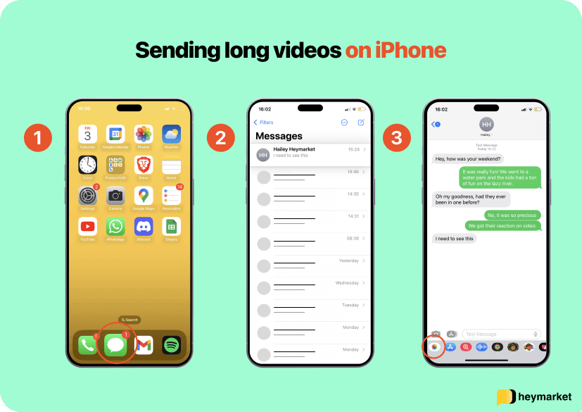 Steps for sending a long video on iPhone: Selecting a messaging conversation and pressing the photos button.