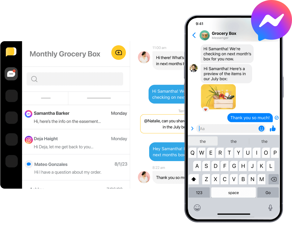 A chat window featuring Facebook messages and texts between a customer and agent.