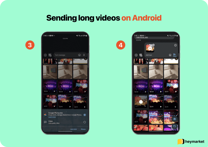 Steps for sending a long video on Google Messages: Select and send your video