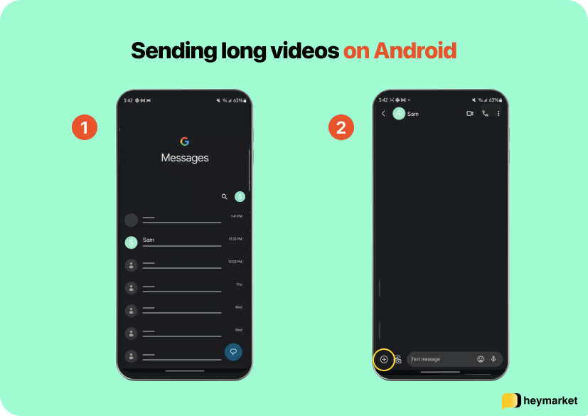 Steps for sending a long video on Google Messages: Select your conversation
