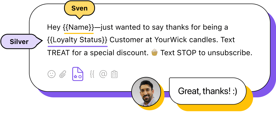 Illustration of a personalized SMS template sent to a Silver Customer named Sven from YourWick candles offering a special discount, and Sven's positive response to the message