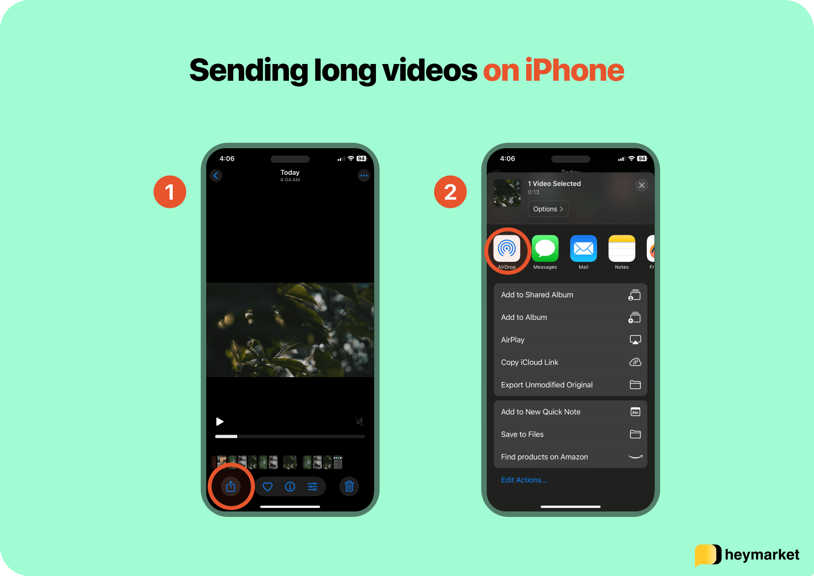 Screenshots of using AirDrop to send videos