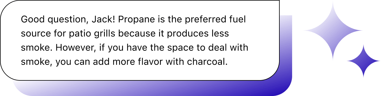 Chat illustration with text: "Good question, Jack! Propane is the preferred fuel source for patio grills because it produces less smoke. However, if you have the space to deal with smoke, you can add more flavor with charcoal."