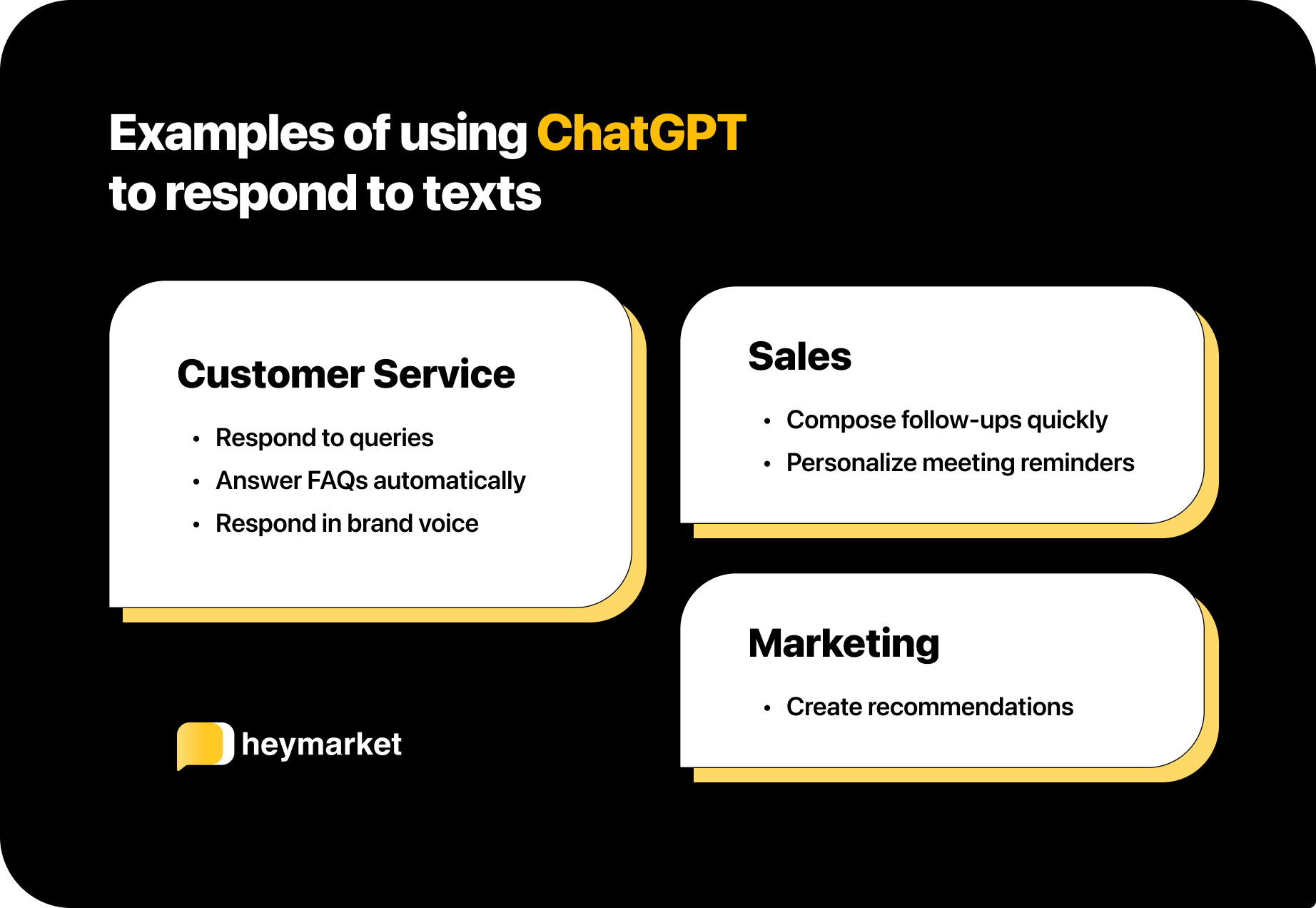 Examples of using ChatGPT to respond to texts for customer service, sales, and marketing.