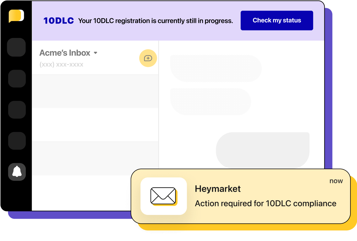 Illustration of an application dashboard with a top purple banner and a notification in the bottom right corner from Heymarket with Gmail logo, reading 