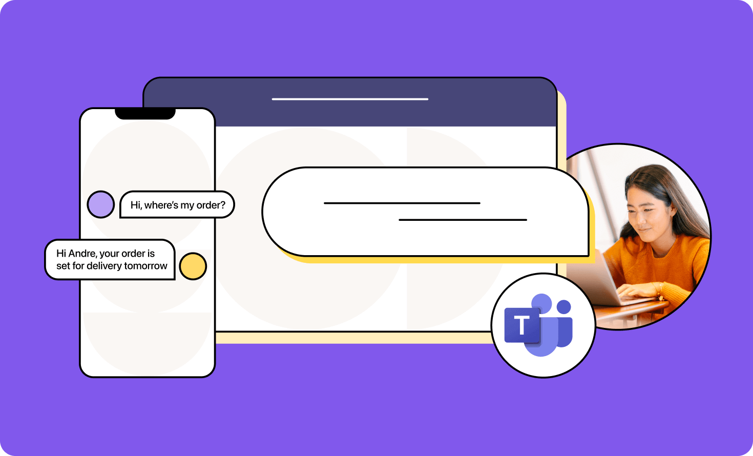 An illustration of phone with chat and MS Teams window with a young woman sending a text from her laptop using Microsoft Teams