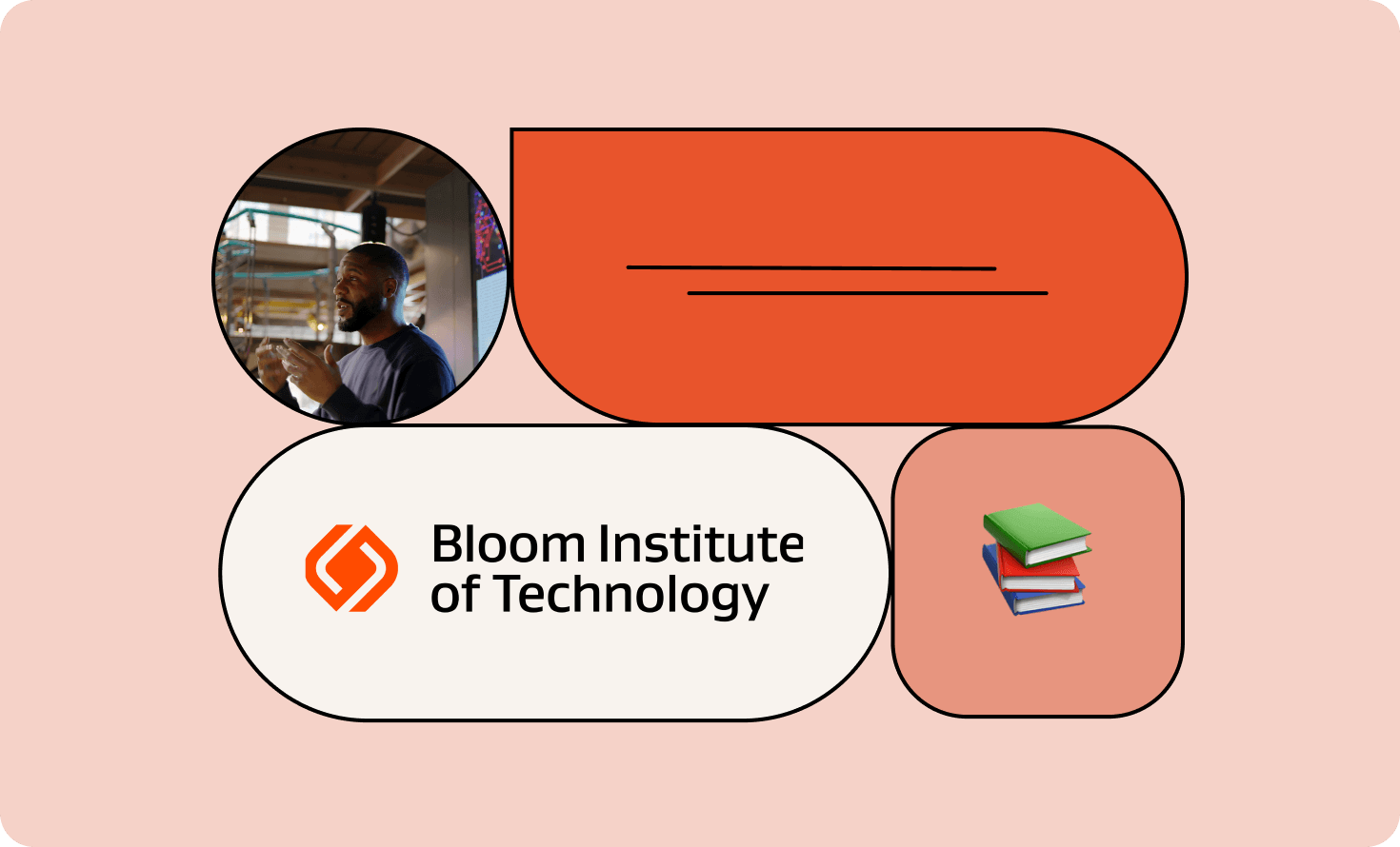 Illustration with person, books emoji, and Bloom Institute of Technology logo