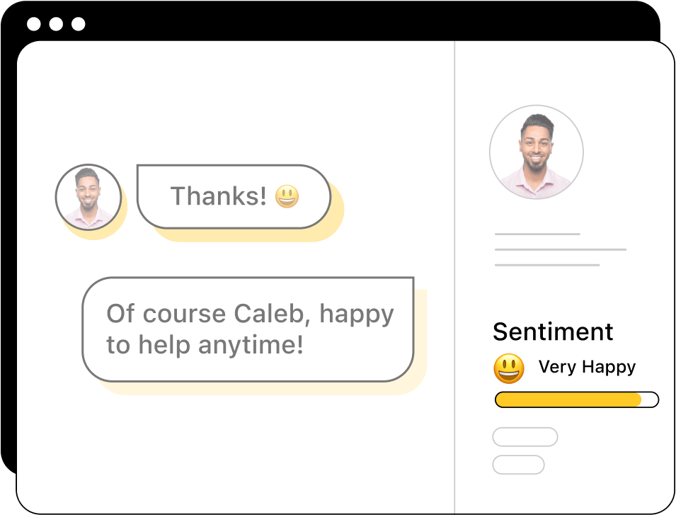 Illustration of a business text messaging conversation showing a customer sentiment score of very happy.