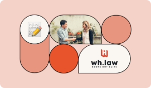Illustration of two people shaking hands and WH Law logo