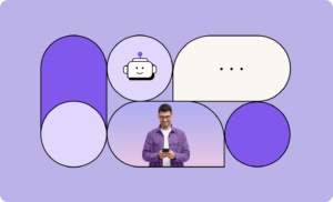 Illustration of a person texting along with a robot icon and a chat box with 3 dots.