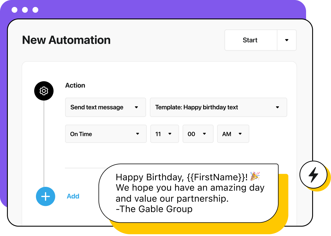 Interface showing the conditions and template for a birthday text automation