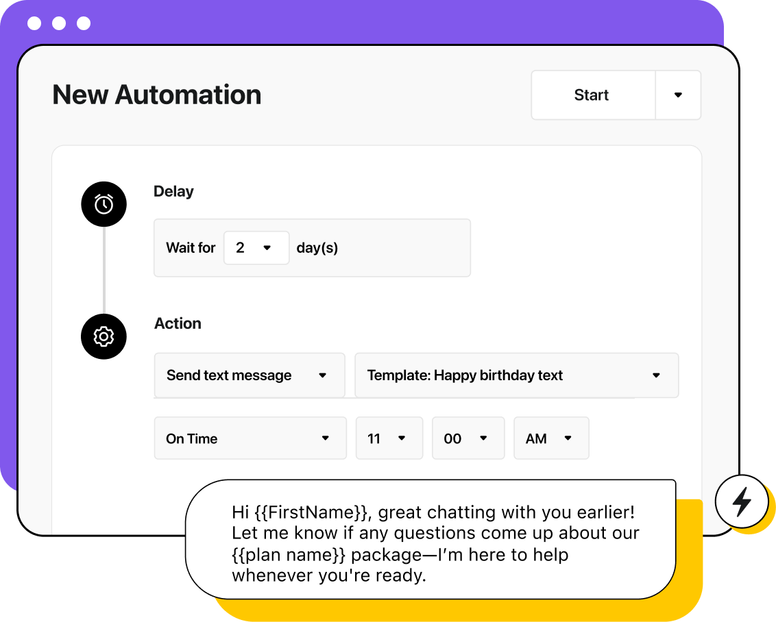 Automation interface showing a post-meeting message template. The automation waits 3 days, then send a follow-up text template.