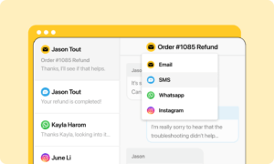 Illustration of Heymarket app interface showing an omnichannel dropdown menu with email integration option highlighted.