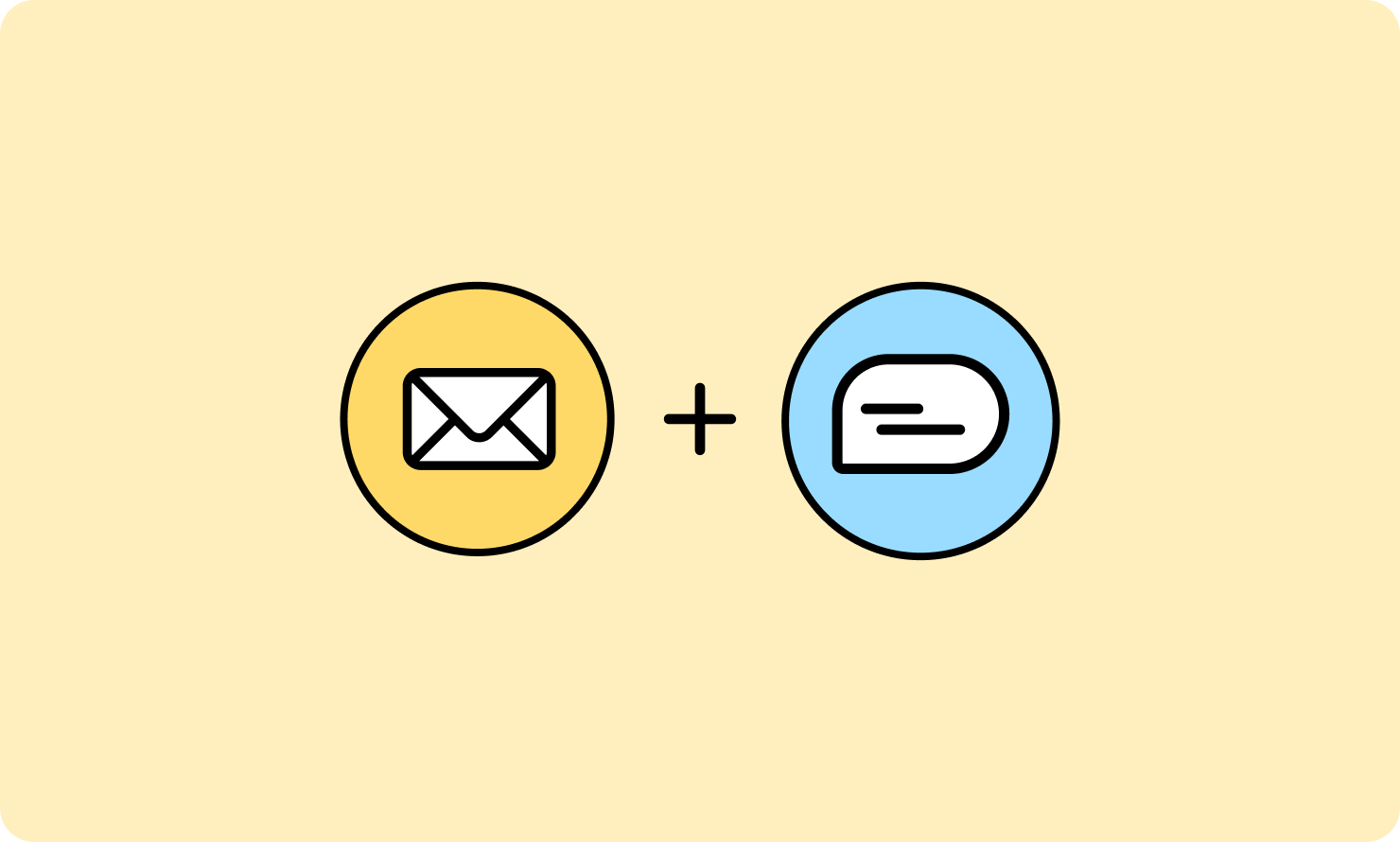 Illustration showing email and messaging integration with mail icon plus chat bubble icon connected by a plus sign