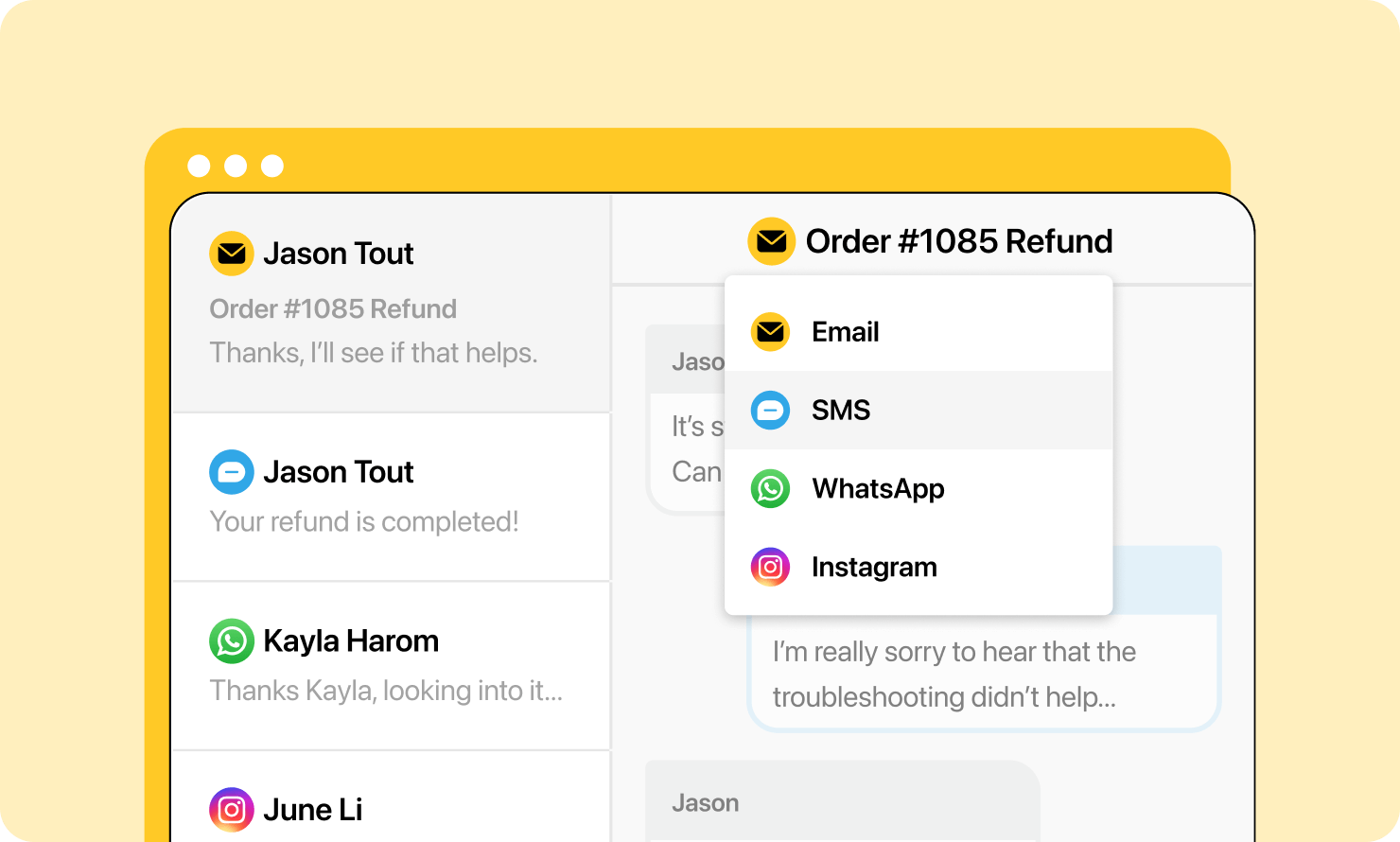 Illustration of Heymarket app interface showing an omnichannel dropdown menu with email integration option highlighted.